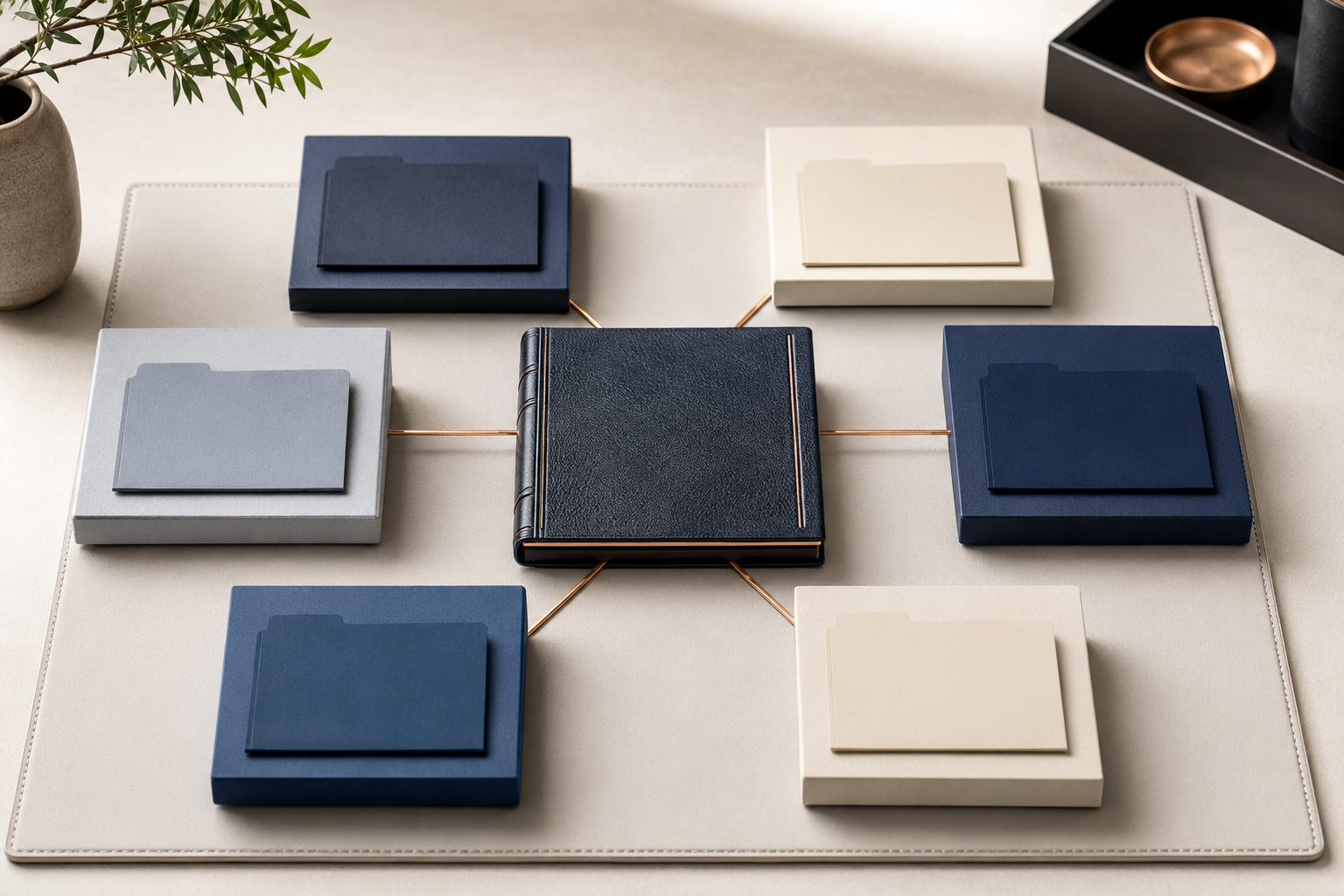 A balanced network of several client folders connected to one central business ledger