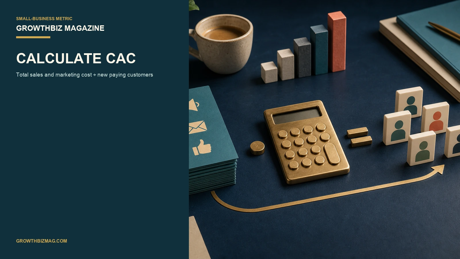 A calculator links marketing cost cards to new customer tiles in a GrowthBiz Magazine visual.