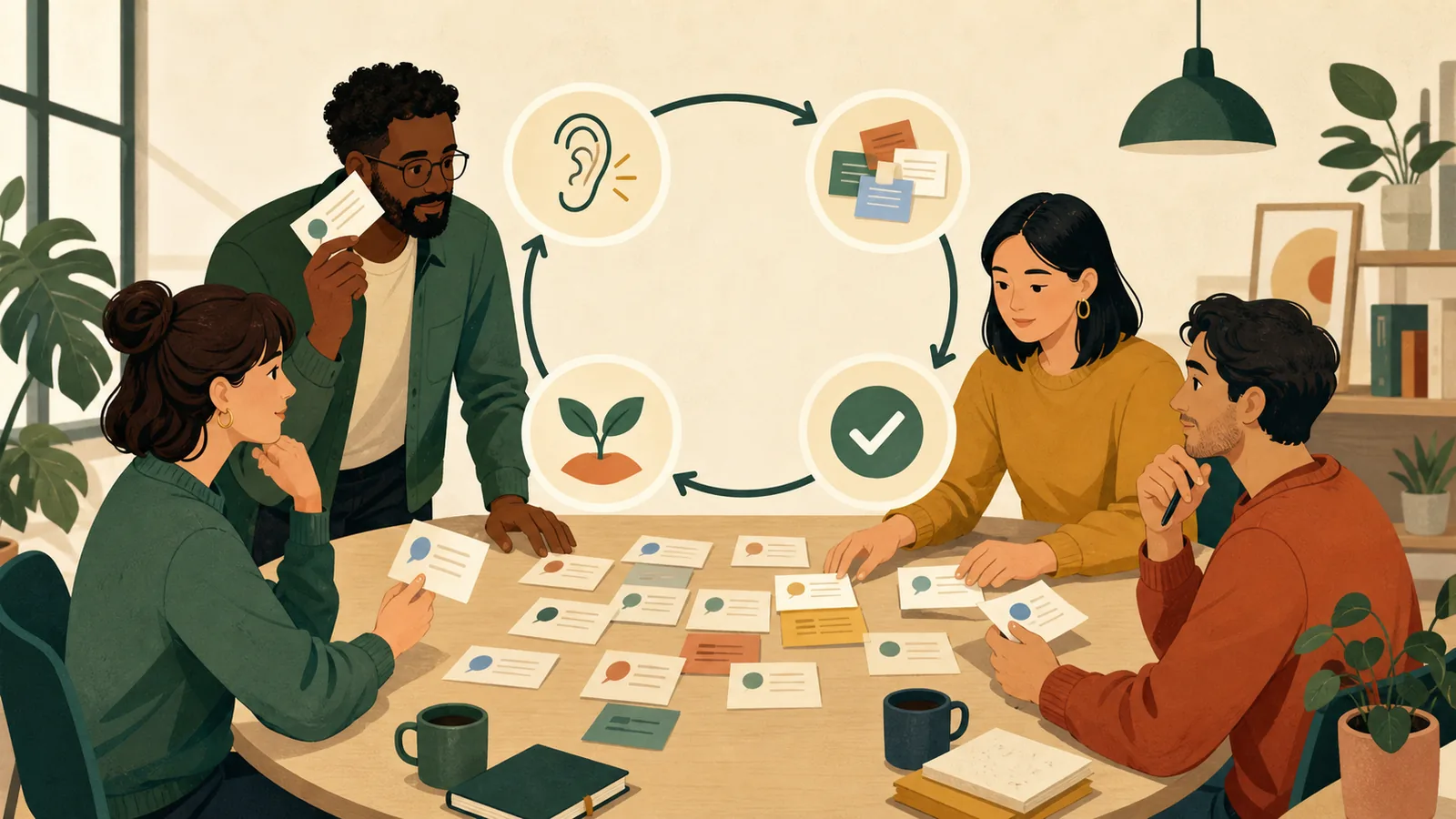 A small-business team sorts customer comments into themes before choosing one improvement to test.