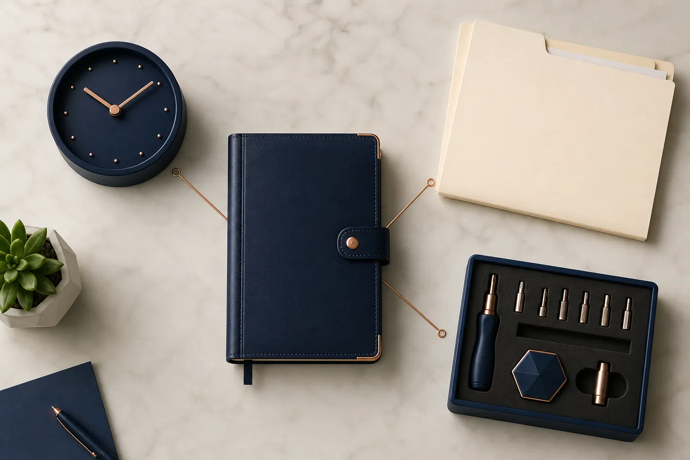 A notebook connected by lines to a clock, a client folder, and a tool kit, illustrating how time, client work, and project tools all trace back to one job's delivery cost.