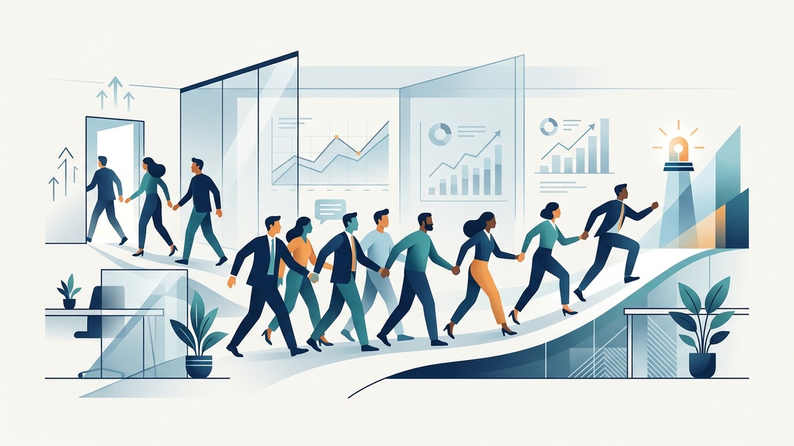 Editorial illustration of employees moving through a workplace while charts suggest workforce change and business planning.