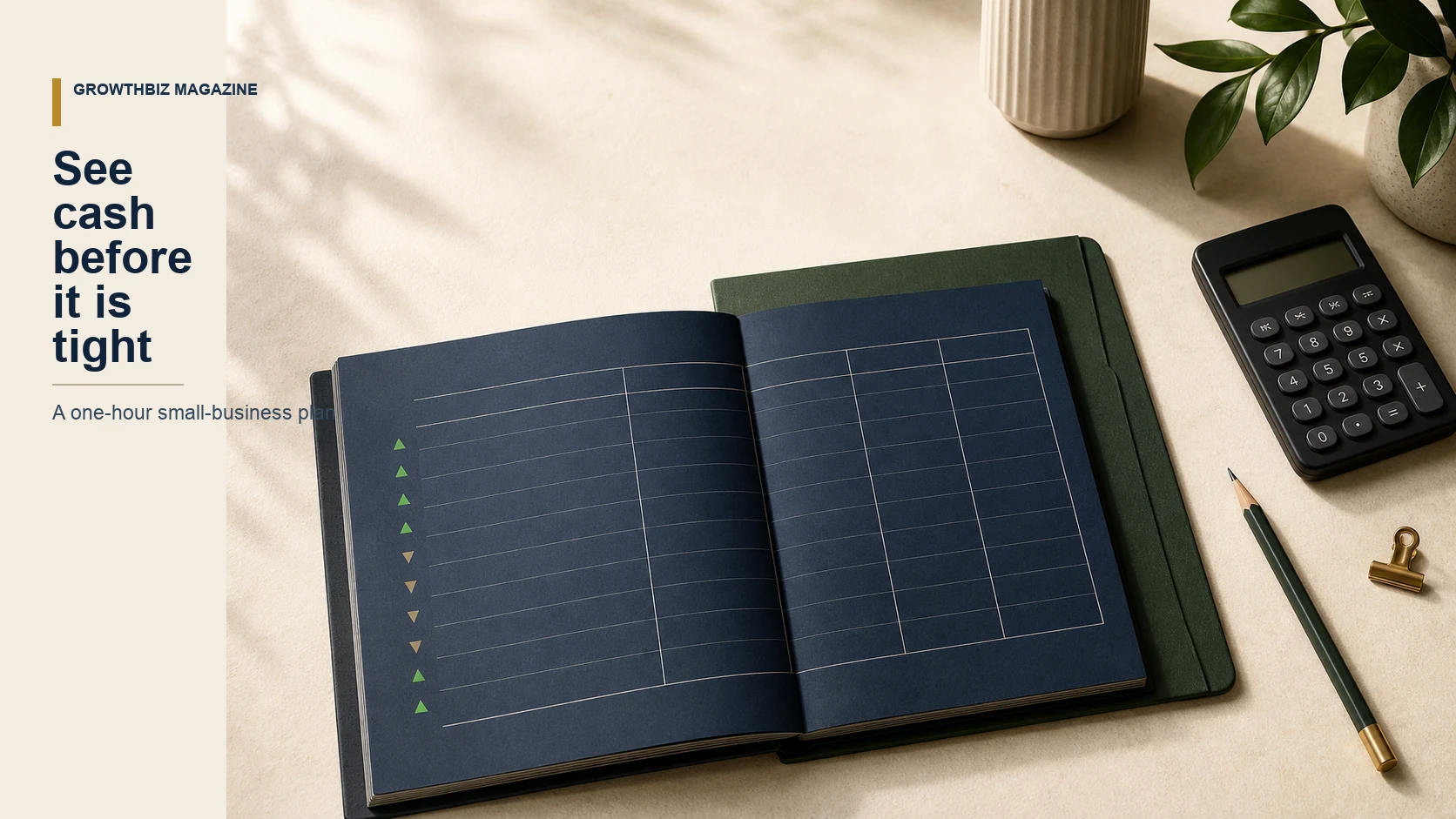 A navy four-week cash-flow ledger with a blank grid, a forest-green folder, black calculator, pencil, and brass paper clip on an ivory desk.