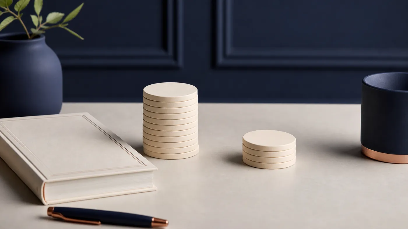 Two uneven stacks of coin-shaped discs on a desk, representing an agency's gross margin shrinking after a project's real delivery costs are counted.
