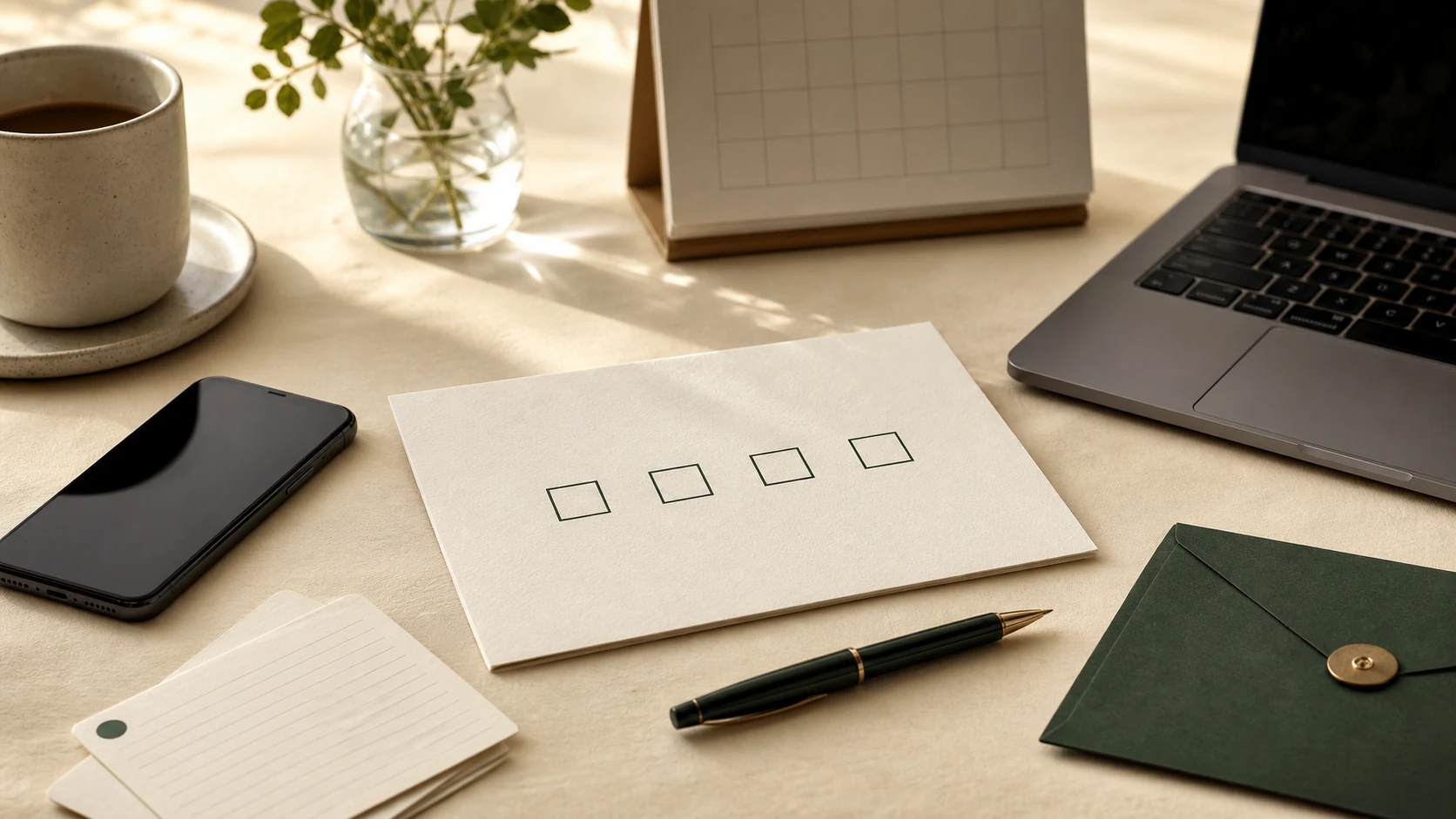 Four blank weekly test cards on a cream desk beside a phone, laptop, pencil, and dark green budget envelope.