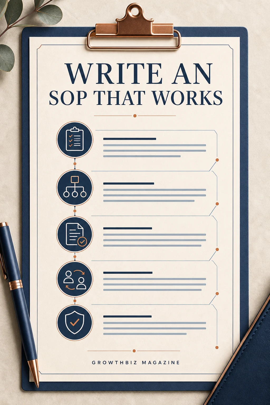 A navy and cream clipboard showing a five-step business process with the headline Write an SOP That Works and GrowthBiz Magazine branding.