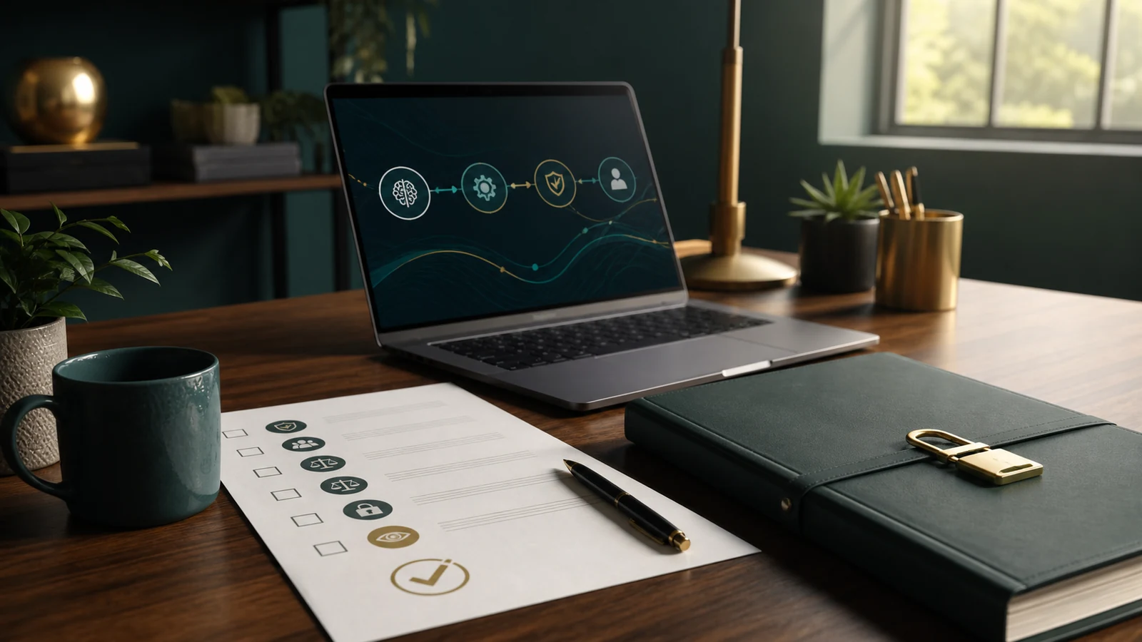 A small-business desk with a policy checklist, a protected document folder, and an abstract AI workflow on a laptop.