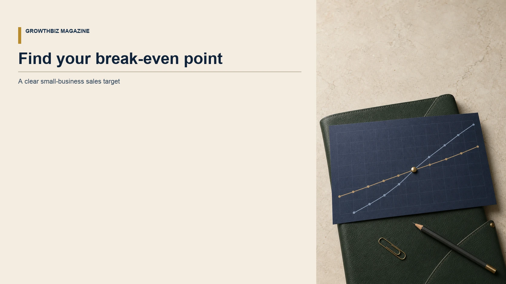 A navy break-even chart with two lines crossing at a brass marker on a forest-green folder and warm ivory desk.
