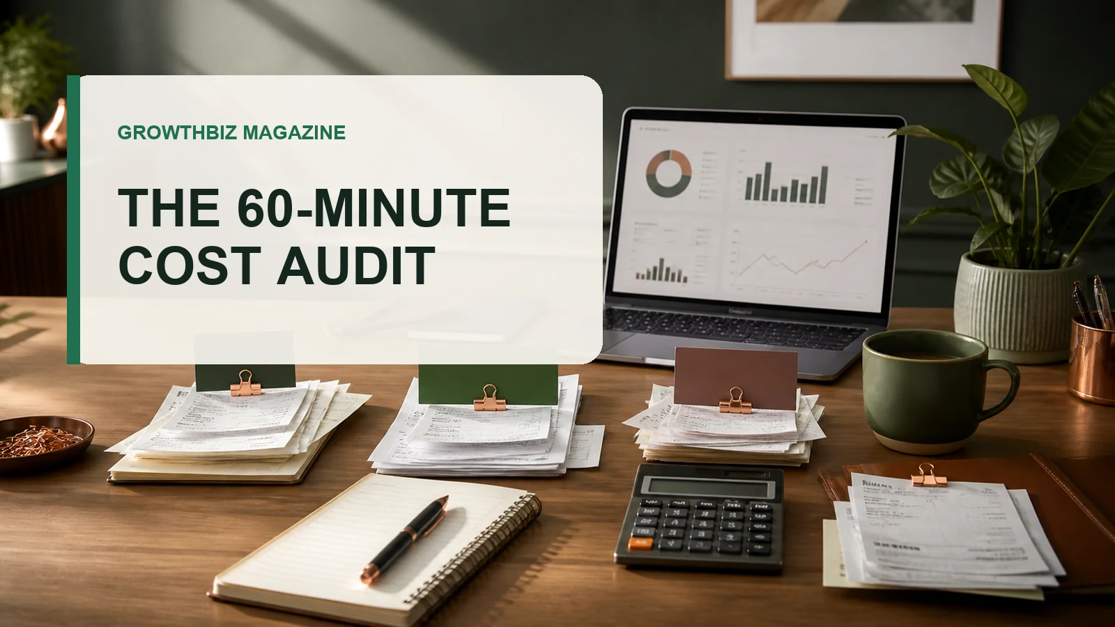 GrowthBiz Magazine cost audit desk with invoices, spending groups, and a calculator.