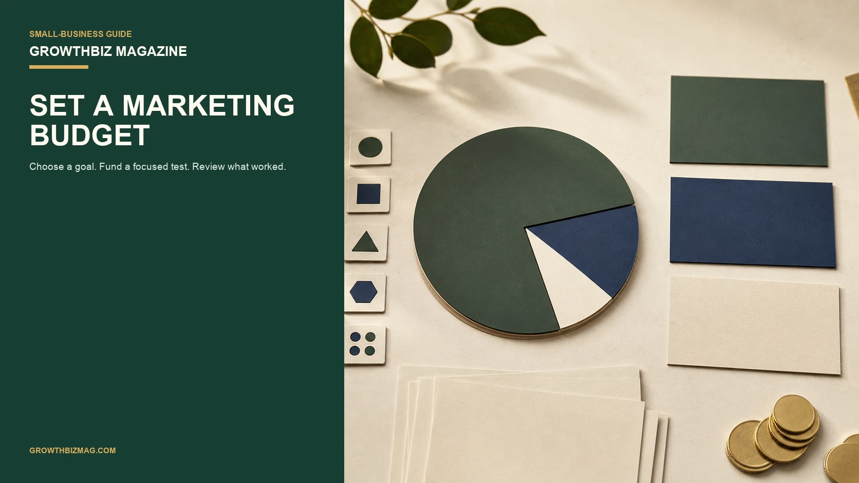 A planned marketing budget split into clear monthly tests on a GrowthBiz Magazine desk scene.
